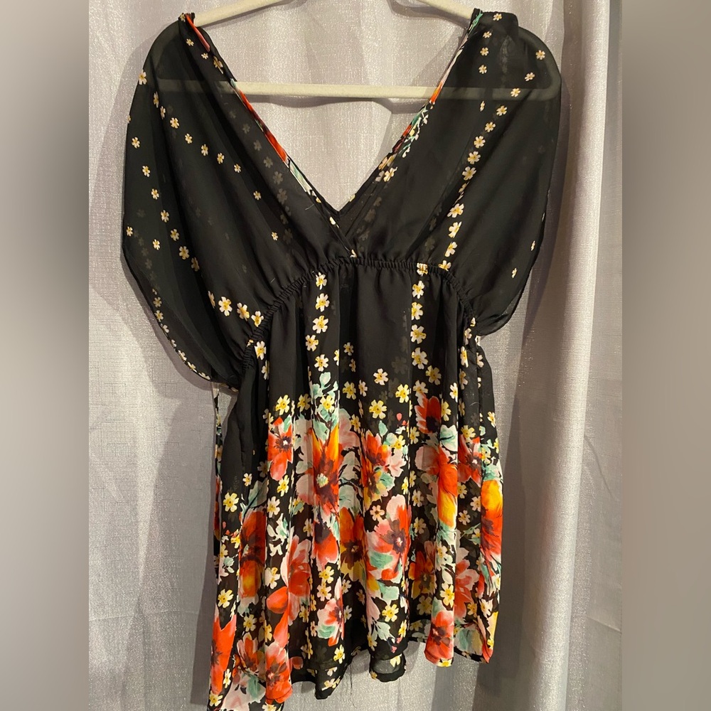 Oboe Black  and floral design Asymmetrical Blouse
